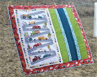 Vintage Truck Themed Kids Quilt in Reds, Greens, Blues - 49in by 48in - Old Papa's Truck - Handmade Childs Throw - Play Quilt - Toddler Room