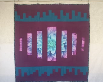Handmade Dahlia Flower Throw Quilt - Purple Background, Skyline Edging - 53in x 51in - Floral blanket - Summer Decor - Wall Hanging