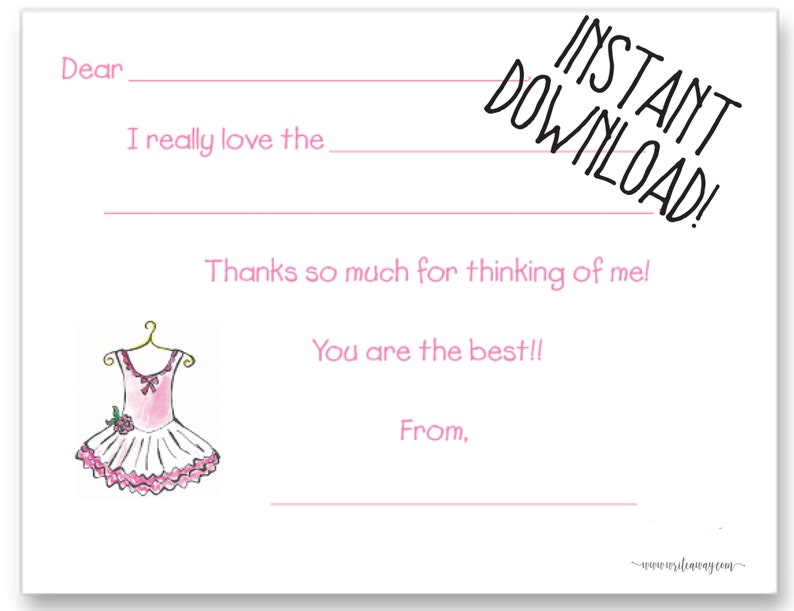 Ballerina Printable Ballet Tutu Fill In Thank You Cards Dance INSTANT DOWNLOAD| Note Cards Thank Yous Kids Notes