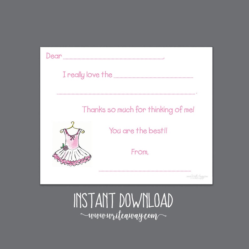 Ballerina Printable Ballet Tutu Fill In Thank You Cards Dance INSTANT DOWNLOAD| Note Cards Thank Yous Kids Notes