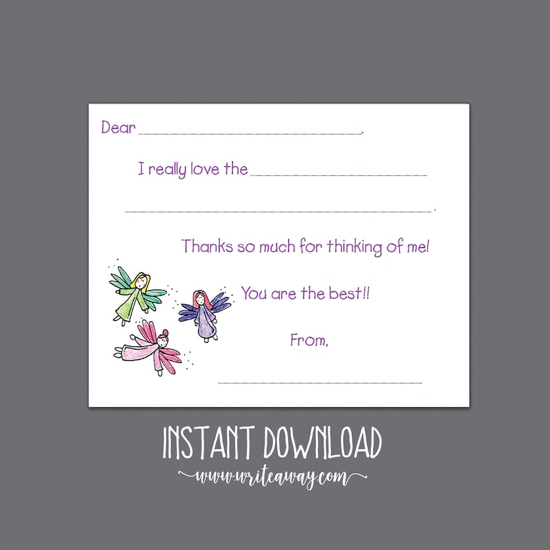 Fairies Printable Fill In Thank You Cards INSTANT DOWNLOAD| Personalized Note Cards Kids Notes Pixie Thank Yous Fairy