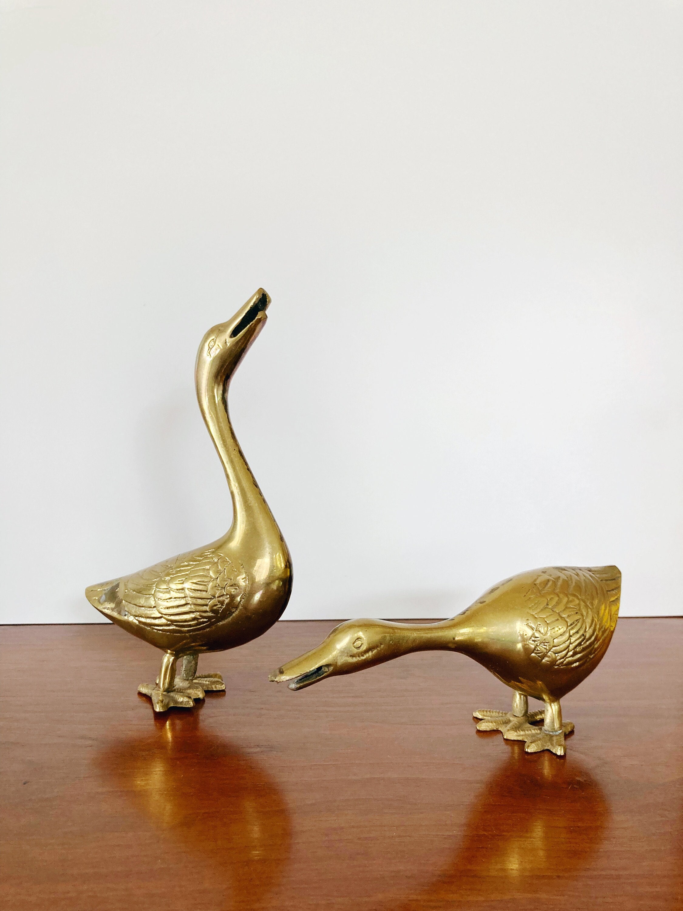 Vintage 2 Solid Brass Geese Pair Duck Figurines MCM Brass Goose