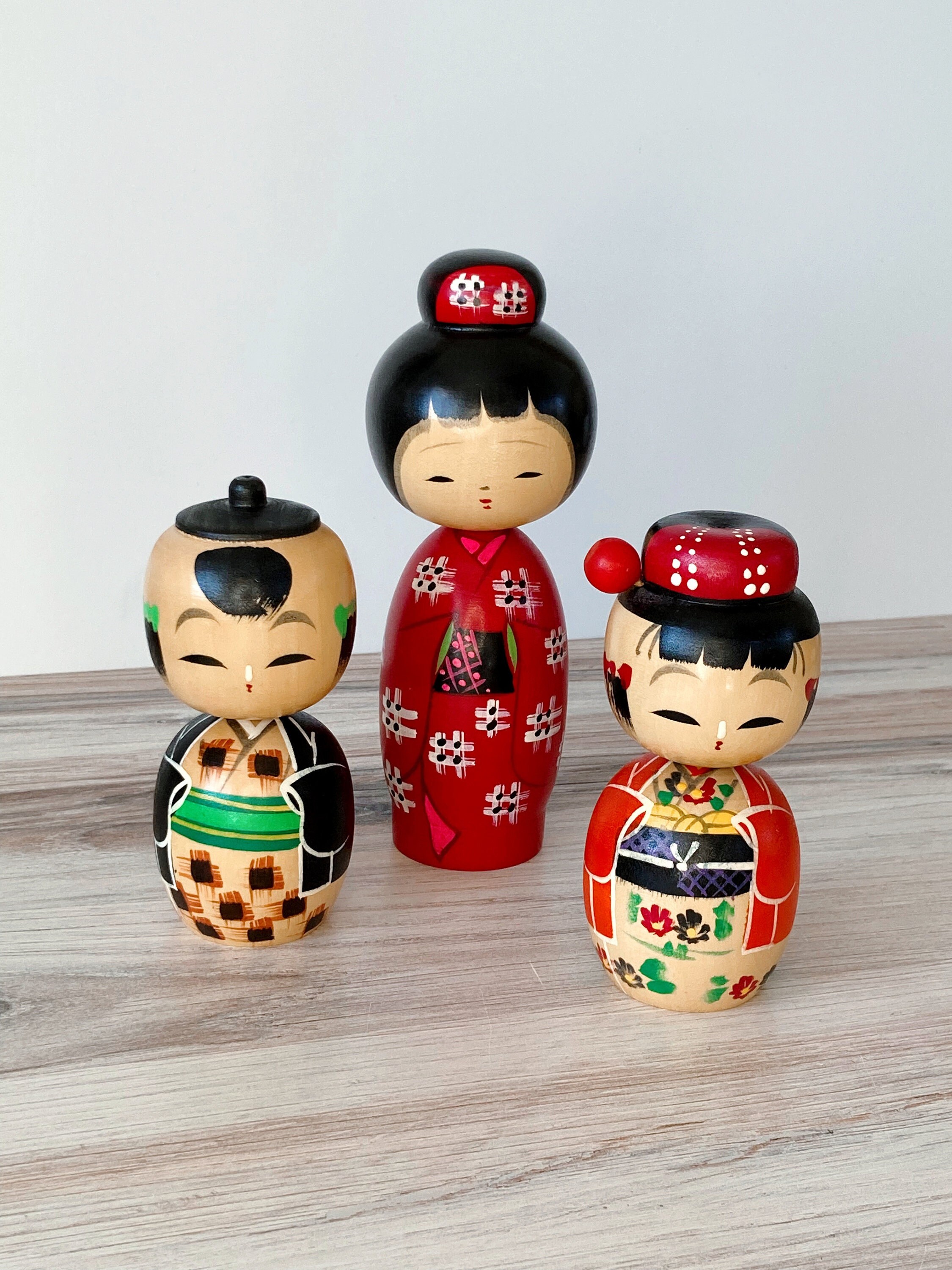 Set of Three Vintage Kokeshi Wooden Dolls Figurines Set of Three Vintage Kokeshi Wooden Dolls Figurines