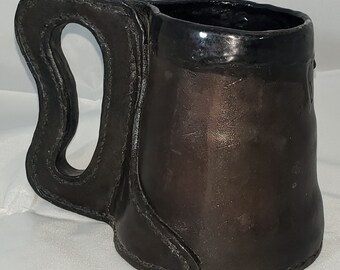 Black, Sealed Leather, Renaissance, Pirate, Coffee Mug with a footed "B" handle