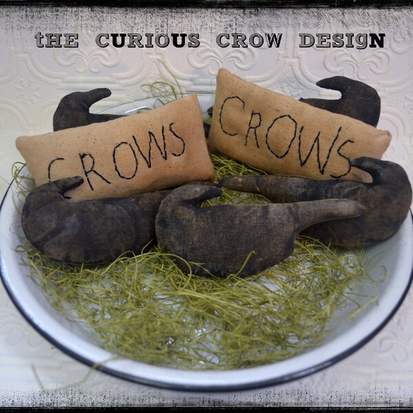 Set of 7 Primitive Folk Art  Farmhouse Style Vintage Crow Ornies - Bowl Fillers and Crow Bowl Pillows