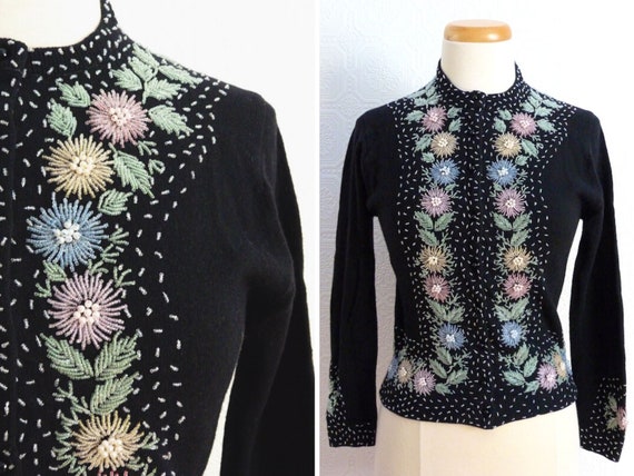 Pearl embroidered wool cardigan