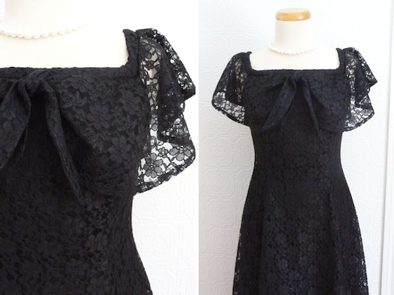 Long black lace dress, shawl collar