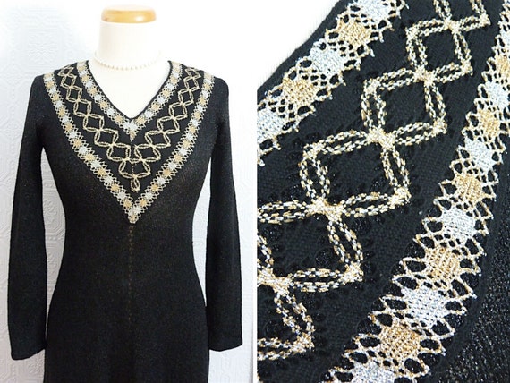 Long black and gold crochet dress