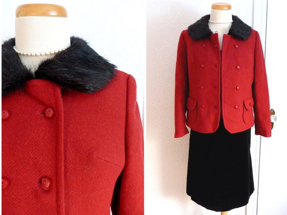 1950s red wool jacket with fur collar