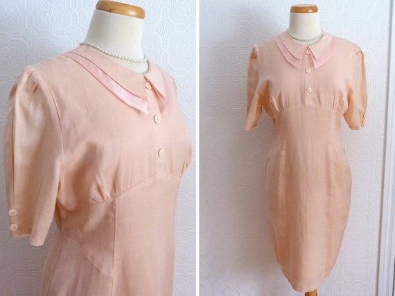 1980s Peter Pan collar peach linen dress