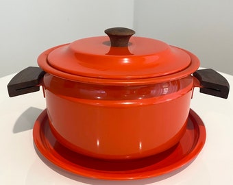 Vintage Red/Orange Aluminum Camping Pot and Plate