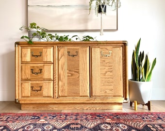 SOLD ***Gorgeous Campaign Style Mid Century Oak Buffet/Credenza/Sideboard with Gold Accents & Hardware