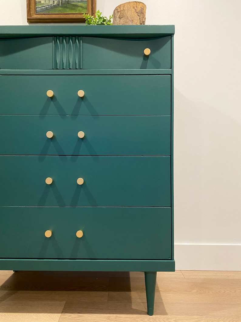 SOLD Mid Century Modern Emerald Green Tall Boy / Dresser / Chest of Drawers image 1