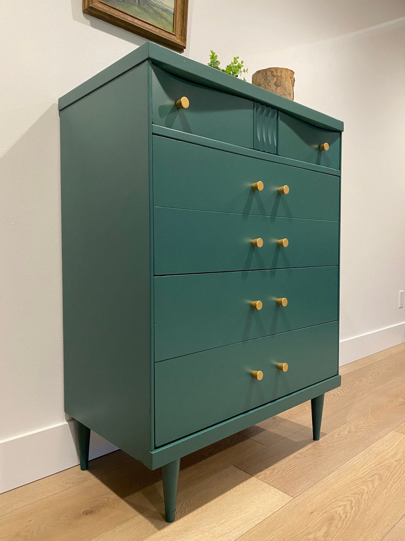 SOLD Mid Century Modern Emerald Green Tall Boy / Dresser / Chest of Drawers image 3