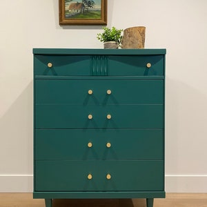 SOLD Mid Century Modern Emerald Green Tall Boy / Dresser / Chest of Drawers image 2