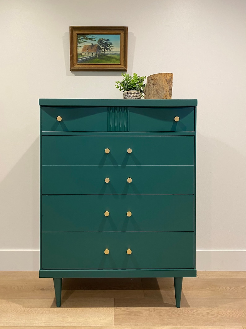 SOLD Mid Century Modern Emerald Green Tall Boy / Dresser / Chest of Drawers image 2