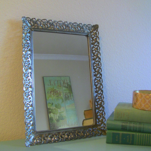 RESERVED----MOVING SALE! Make Offers! Vintage Ornate Mirror-Metal Filigree Cosmetic Vanity Tray-Wall Hanging Mirror-Cocktail Tray-Home Decor