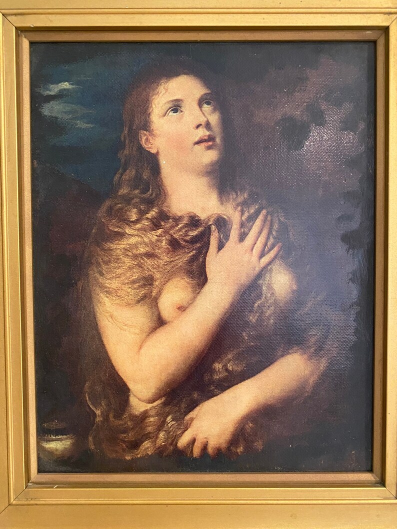 The Penitent Mary Magdalene After Titian Oil on Canvas Painting Antique Collectable Fine Art Italy image 2