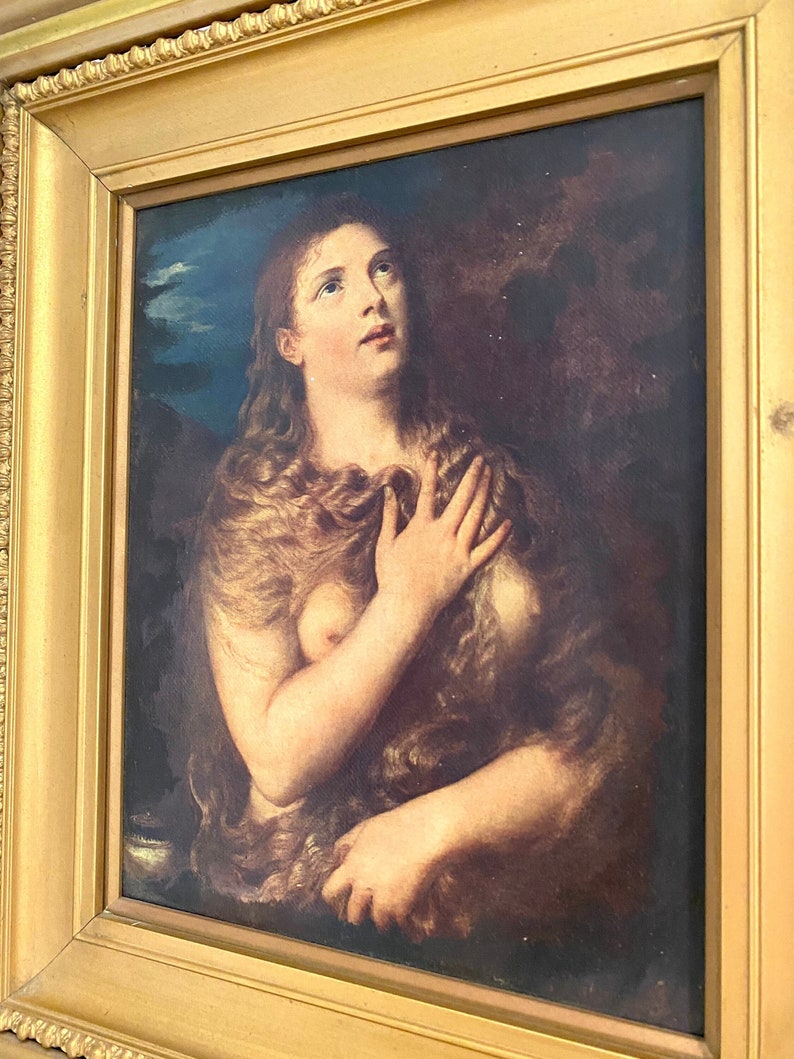 The Penitent Mary Magdalene After Titian Oil on Canvas Painting Antique Collectable Fine Art Italy image 1