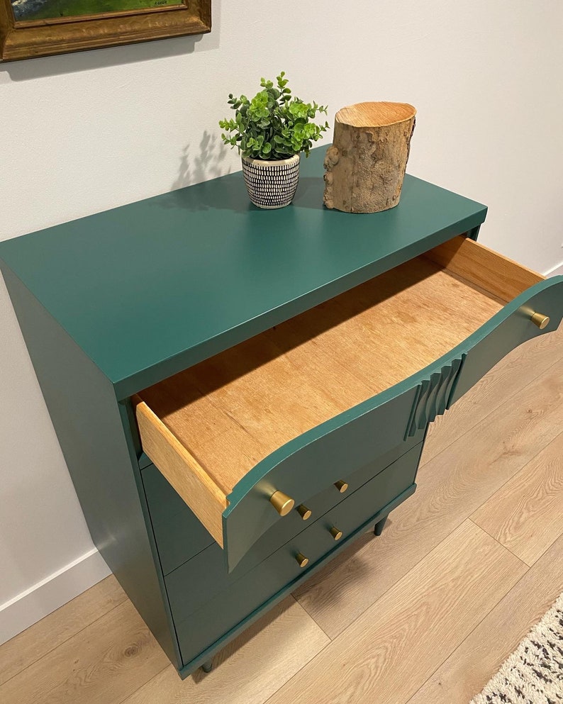 SOLD Mid Century Modern Emerald Green Tall Boy / Dresser / Chest of Drawers image 5