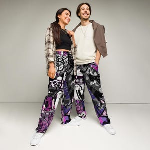 Pantaloni da jogging a gamba larga unisex graffiti, taglie forti, vernice spray urbana da strada, arte regolare