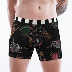 May include: Black boxer shorts with a white and black striped waistband. The shorts are patterned with colorful insects, including beetles in brown, green, pink, and white.