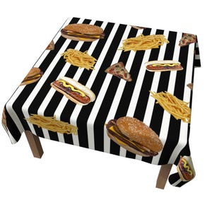 May include: A square tablecloth with a black and white striped pattern. The tablecloth is decorated with images of hamburgers, hot dogs, french fries, and pizza slices. The tablecloth is made of a durable fabric.