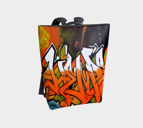 NWT Premium Retro Vintage Black Multicolor Graffiti Vegan Leather Backpack Graffiti Print Polyester Multi Pocket Backpack Urban  main image 3