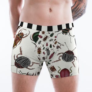 May include: White boxer shorts with a black and white striped waistband. The shorts are patterned with colourful insect illustrations, including beetles and other bugs. The insects are in shades of brown, red, and black.