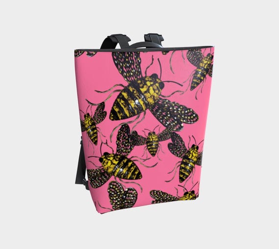 bee leather backpack Bees & Flies Vegan Leather Backpack: Nature Art Knapsack