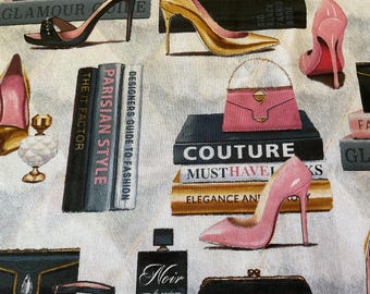 Paris Fashion Cotton Fabric by the 1/2 yard (18 " long) - Stiletto Heels Bags Perfume Bottles