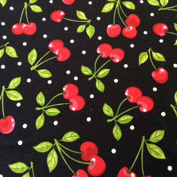 Cherries on Black curtain valance 41" wide x 15" long/height in 100% Cotton - Handmade New.