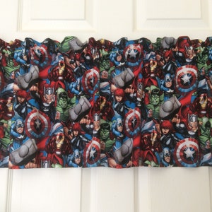 Avengers packed curtain valance 42&quot; wide x 15&quot; long/height in 100% cotton - handmade new.