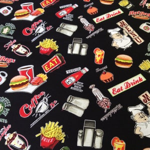 Burgers Hot Dogs French Fries Coffee fabric by the yard in 100% cotton - handmade new.