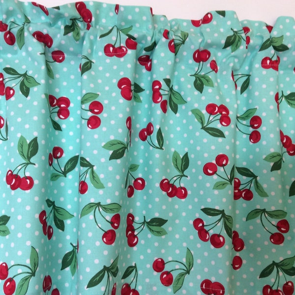 Cherries with White Polka dots on Mint valance 42" wide and 15" long/height in 100% cotton - handmade new.