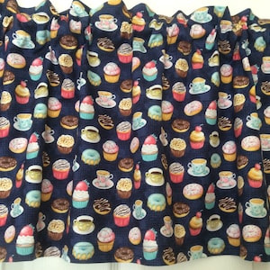 Desserts, Cupcakes, Donuts and Tea Cups valance 42&quot;w x 15&quot; long/height or Cafe curtain 42&quot; w x 24&quot; long in 100% cotton - handmade new.