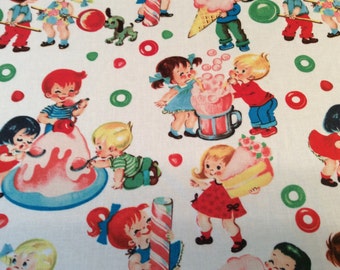 May include: A white fabric with a repeating pattern of children enjoying various treats. The children are wearing colorful clothing and are depicted with smiling faces. The treats include ice cream, cake, candy, and soda.