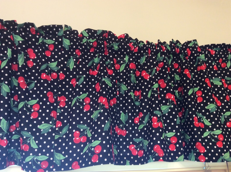 Cherries and White Polka Dots on Black Curtain Valance | Etsy