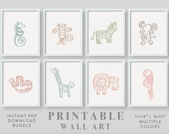 Animals nursery prints set of 8 bundle, doodle minimalist wall art, kids playroom decor, giraffe elephant monkey zebra lion parrot reusable