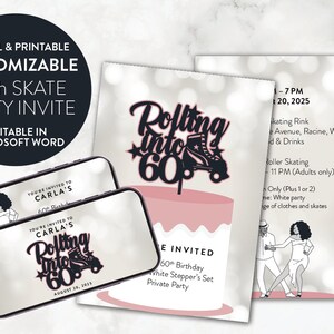 Peut inclure: Une invitation imprimable pour une fête de 60e anniversaire sur le thème du roller. L'invitation présente une illustration en noir et blanc d'un couple faisant du roller et le texte "Rolling into 60".