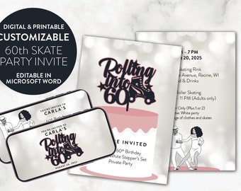 Custom 60th Birthday Invitation Digital Mobile Phone Banner Rolling Skate Print Black Gold Sixty Invite Editable Evite Microsoft Word 60