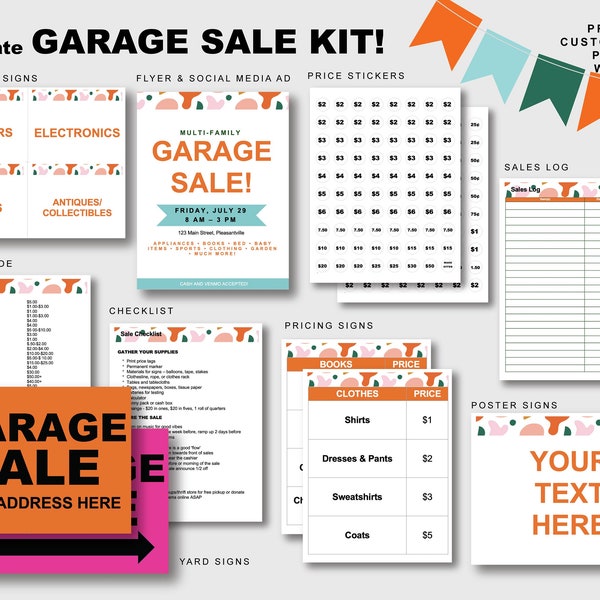 Yard Sale Sign Kit Bundle Tag Sale Sign Garage Sale estate rummage imprimible personalizable poster template DIY Word Doc descarga digital