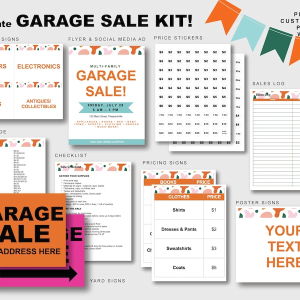 Yard Sale Sign Kit Bundle Tag Sale Sign Garage Sale estate rummage printable customizable poster template DIY Word Doc digital download