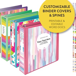 Puede incluir: Cinco cubiertas de carpeta coloridas con etiquetas de texto personalizables. Las cubiertas presentan diferentes patrones, incluyendo rayas, diseños abstractos y motivos florales. El texto en la etiqueta dice "Your Text Here Customize Your Binder!"