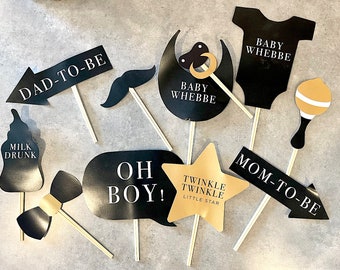 Custom Printable Baby Shower Gender Neutral Photo Props Baby Boy Girl Photo Booth New Baby Shower Game Party Props Gold Black Bundle