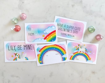 Valentines Day Birthday Party Favors Cards Custom Instant Download PDF Form Printable Happy Rainbows Unicorns Girls Colorful Candy Handouts