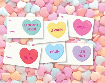 Valentines Day Cards Instant Digital Download PDF Printable Cutouts Teen Humor Girls Boys Bruh U R Hot Suck Candy Hearts Handouts Happy Cute