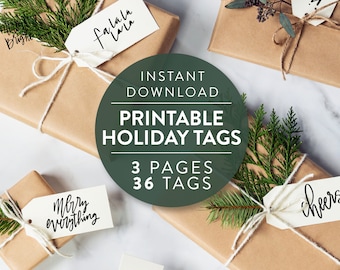 Printable Holiday Gift Tag Bundle Set Handlettered Christmas Merry Everything Santa Modern Simple Present PDF Instant Download