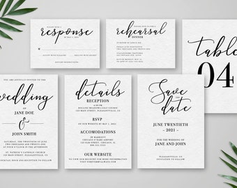 Wedding Stationery Word Doc Template Set Invite Details Save the Date RSVP Rehearsal Table Number Printable Digital Download Bundle Kit