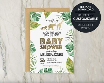 Editable Safari Baby Shower Invitation, Wild One Jungle Baby Shower Invite, Baby Shower Girl, Baby Boy Printable template Instant download